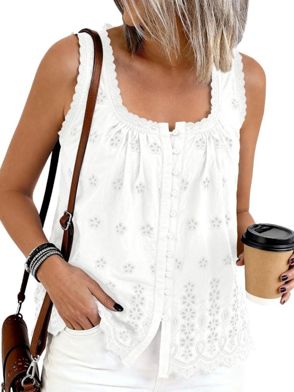 Lace Tank Top with Embroidery & Eyelet Detail - Women's Stylish Blouse
